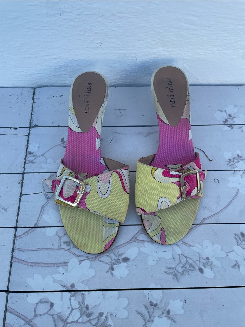 Emilio Pucci Yellow and Pink Patterned Slide Mules